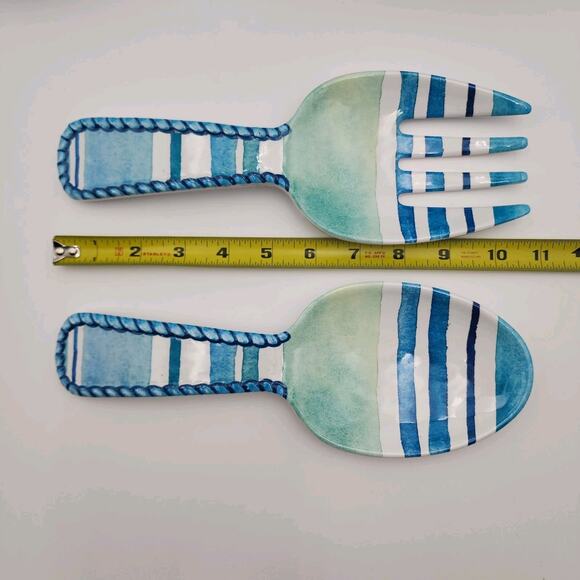 Salad Serving Set Cynthia Coulter Nautical Ocean Seaside Blue Stripes July 4th - Picture 10 of 15